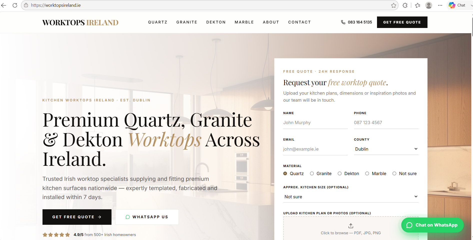 Screenshot of the Worktops Ireland website
